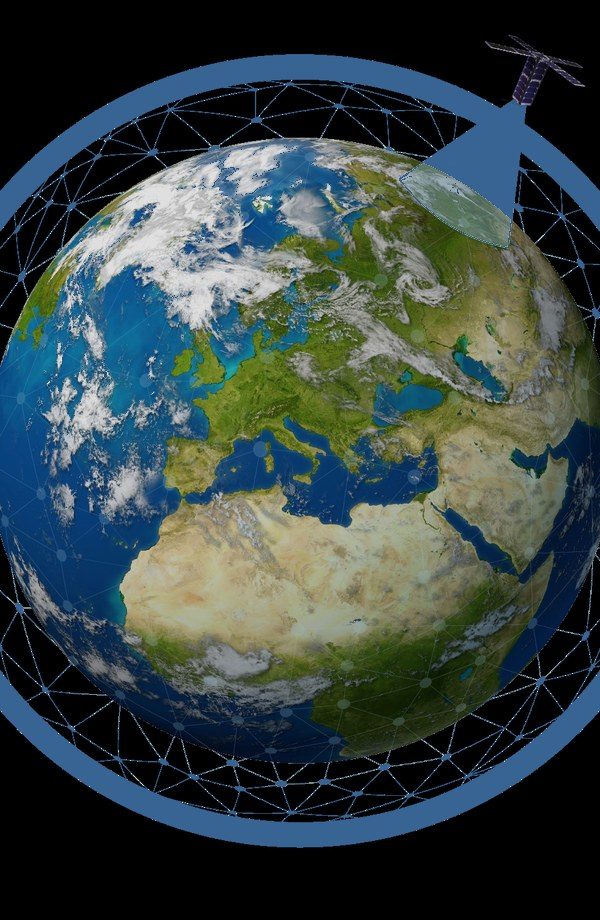 Earth with the orbits of a sparse satellite constellation and one satellite's coverage beam