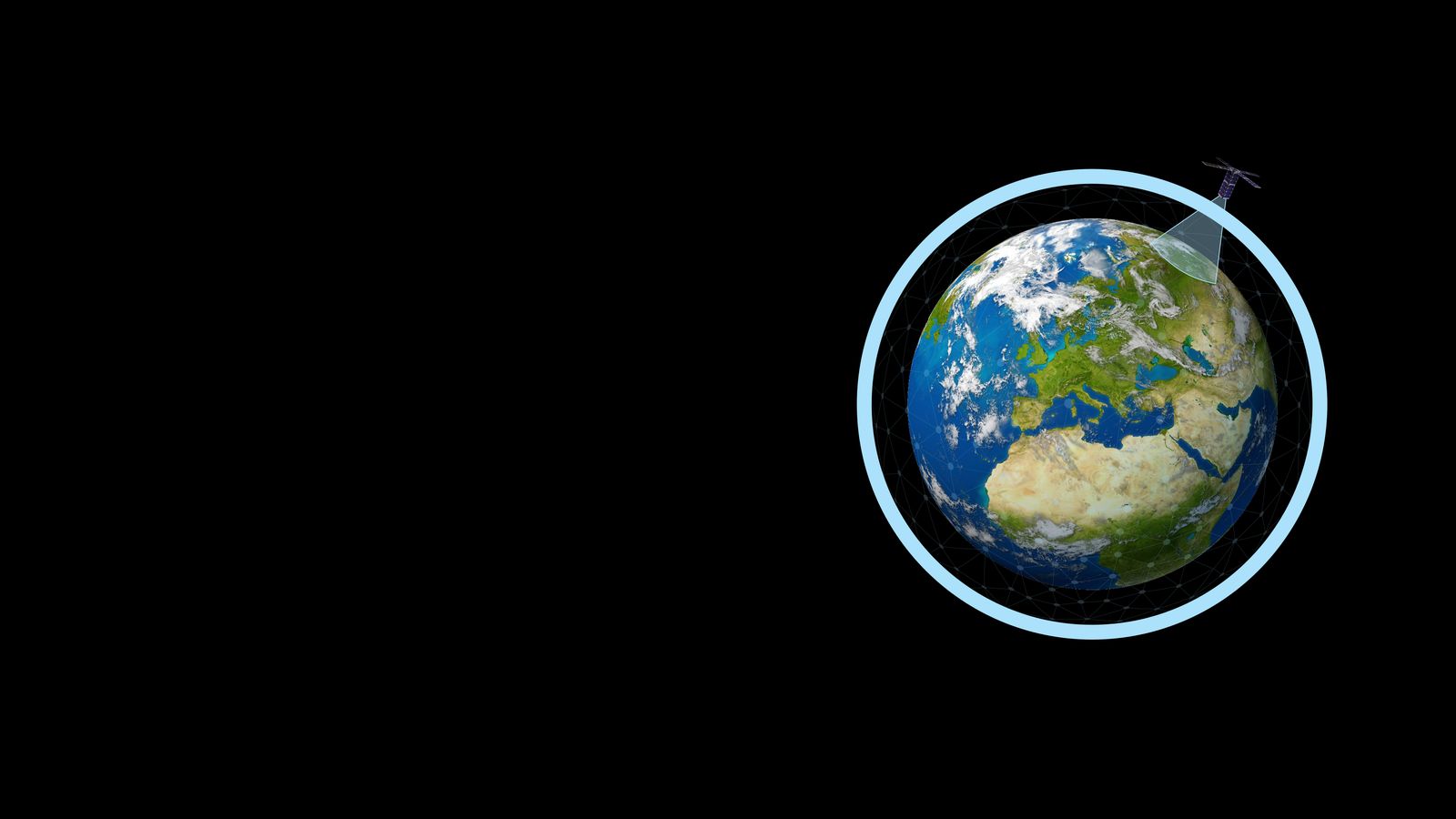 Earth seen from space with a small satellite beaming down over Europe, inside a ring of links