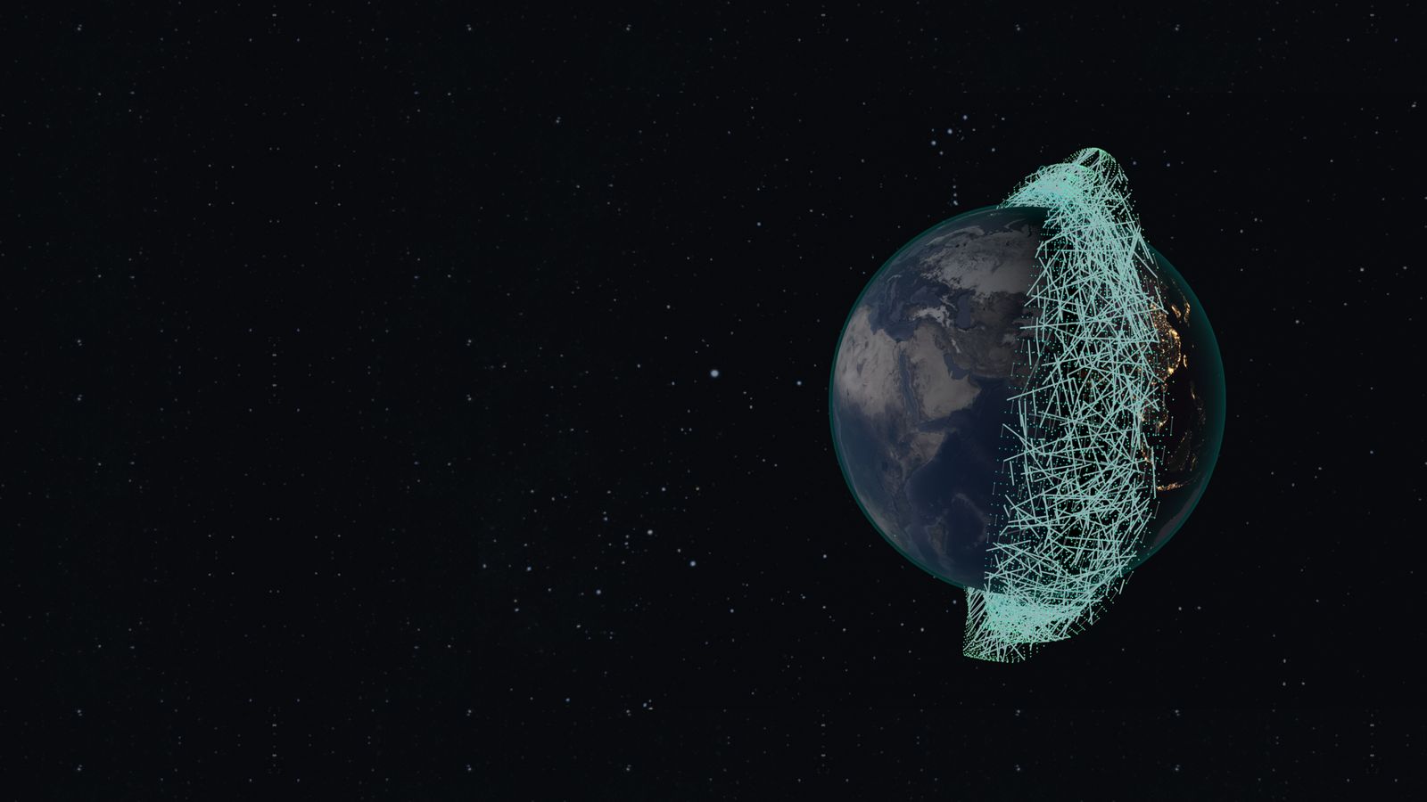Earth half in night, wrapped in a dense mesh of links between satellites